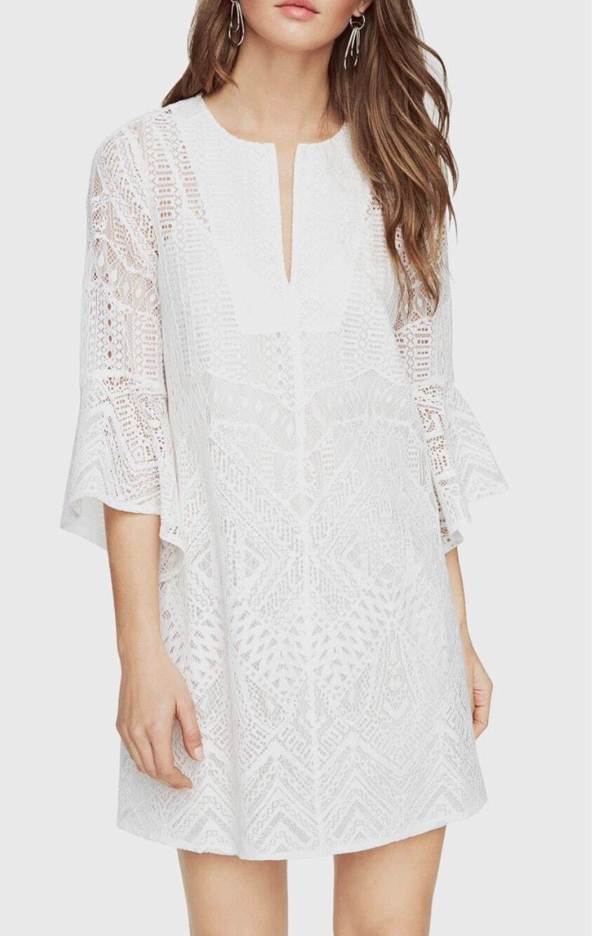 BCBGMAXAZRIA Womens L White Catier Boho Lace 3/4 Sleeve Summer Mini Dress NWT